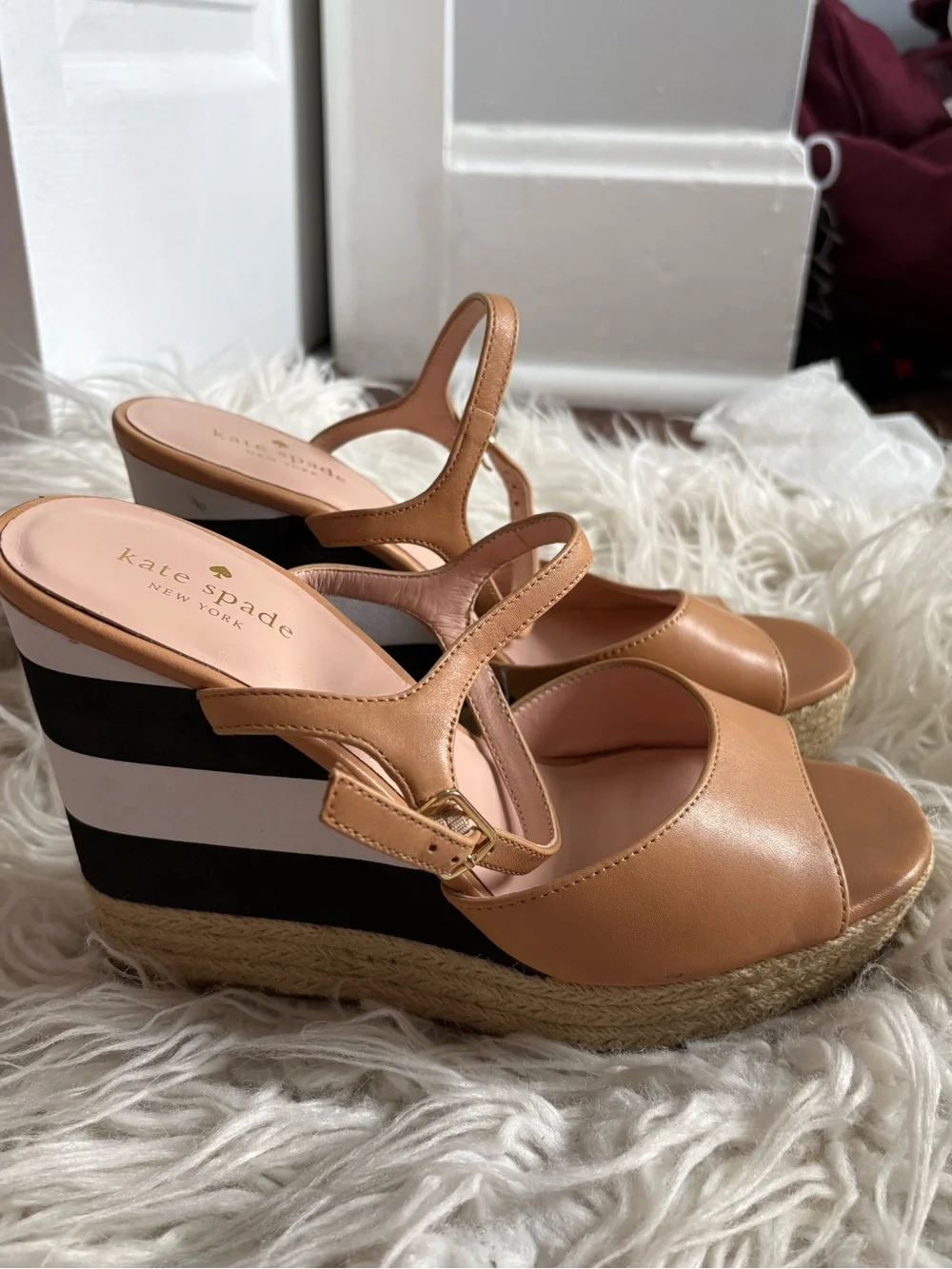 Kate Spade Tan Leather Striped Espadrille Platform Wedge Sandals 10M
